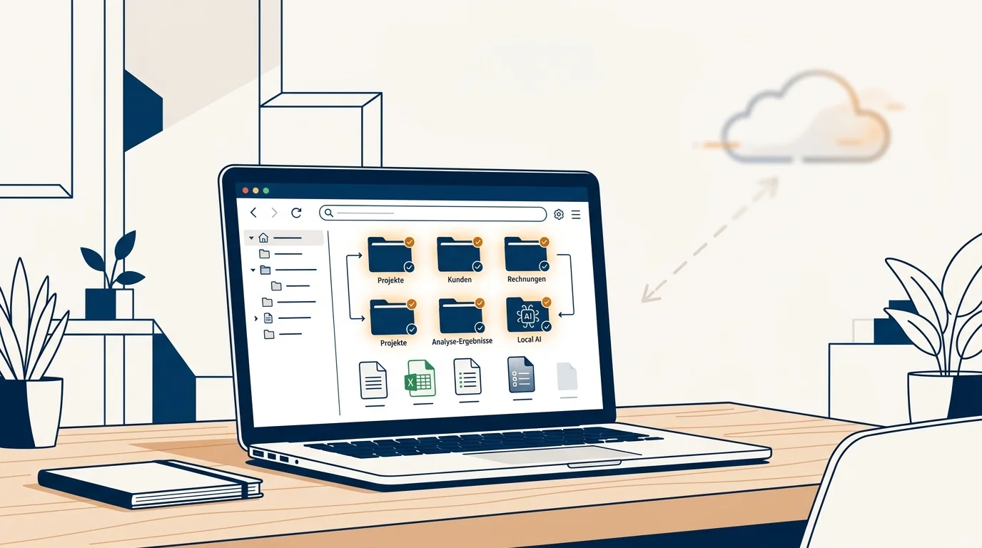 Ein Laptop mit lokalen Dateien und Ordnern, im Hintergrund ein Cloud-Symbol - Symbol für die Kontrolle über den eigenen KI-Kontext
